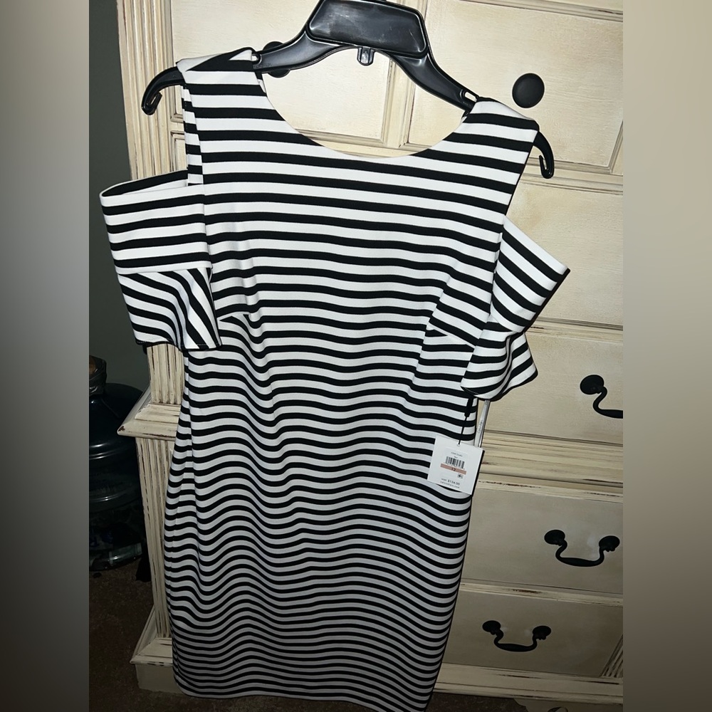 New with tags Calvin Klein striped cold shoulder dress
